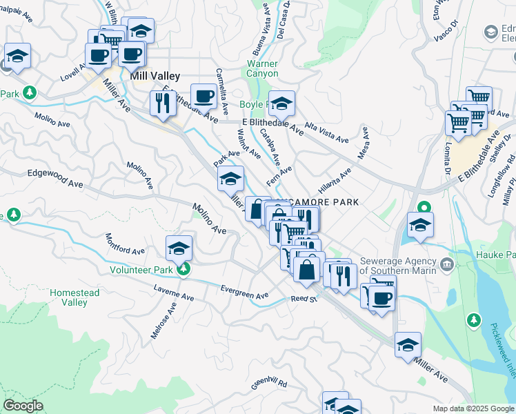 map of restaurants, bars, coffee shops, grocery stores, and more near 10 Willow Street in Mill Valley
