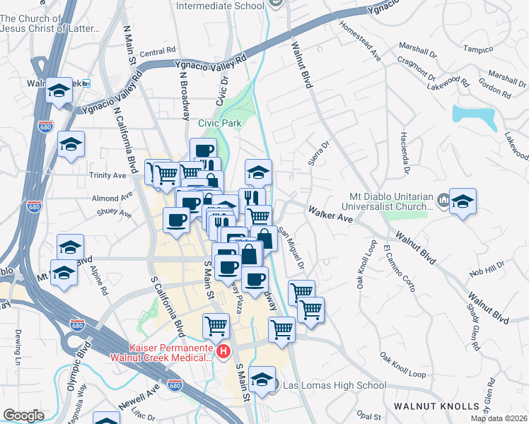 map of restaurants, bars, coffee shops, grocery stores, and more near 170 Village Court in Walnut Creek