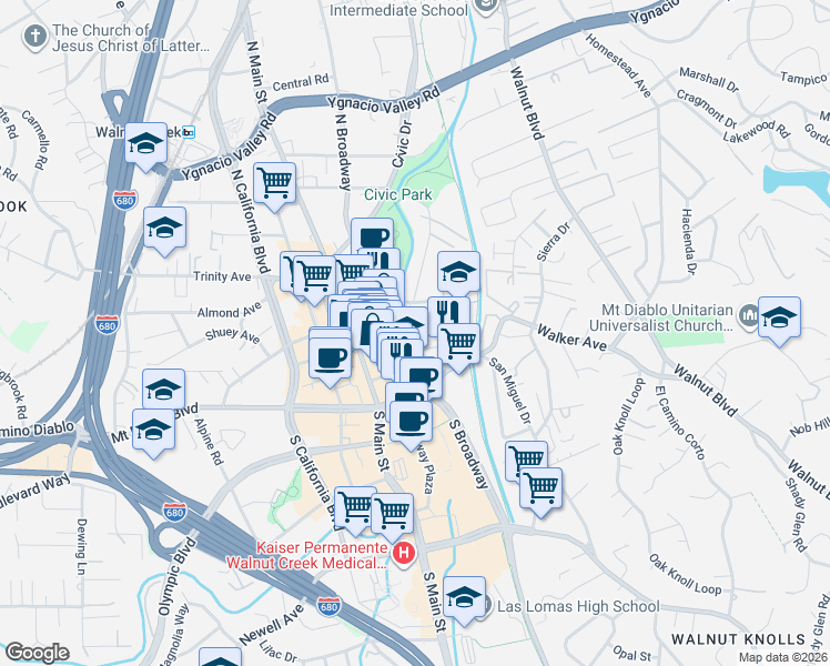 map of restaurants, bars, coffee shops, grocery stores, and more near 1502 Carmel Drive in Walnut Creek