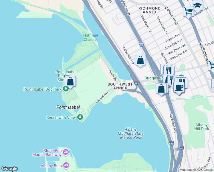 map of restaurants, bars, coffee shops, grocery stores, and more near 4925-4933 Central Avenue in Richmond