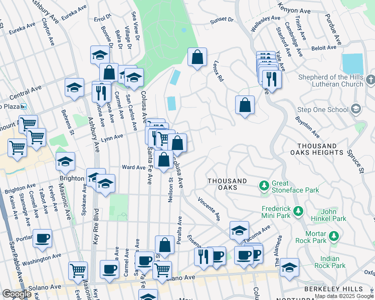 map of restaurants, bars, coffee shops, grocery stores, and more near 1635 Ocean View Avenue in Kensington