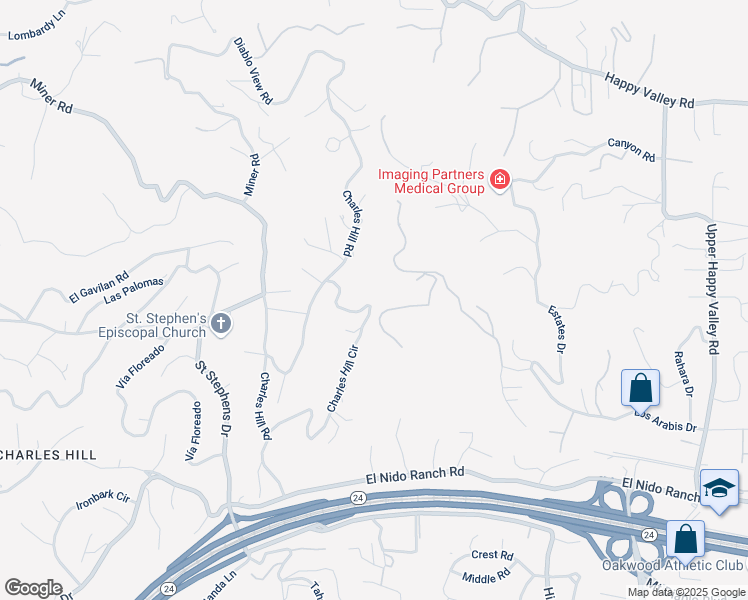 map of restaurants, bars, coffee shops, grocery stores, and more near 42 Charles Hill Circle in Orinda