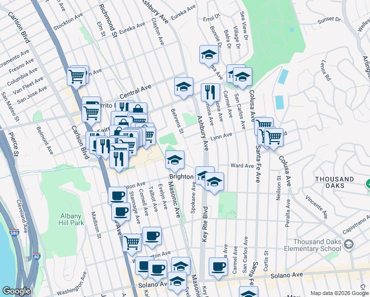 map of restaurants, bars, coffee shops, grocery stores, and more near 203 Behrens Street in El Cerrito