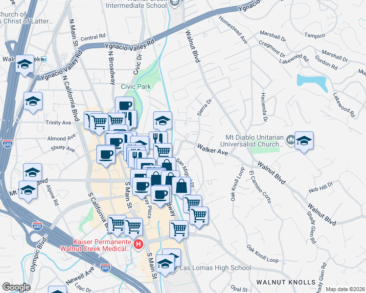 map of restaurants, bars, coffee shops, grocery stores, and more near 1600 San Miguel Drive in Walnut Creek