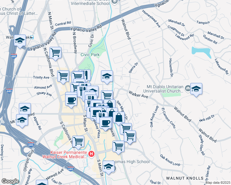 map of restaurants, bars, coffee shops, grocery stores, and more near 1600 San Miguel Drive in Walnut Creek