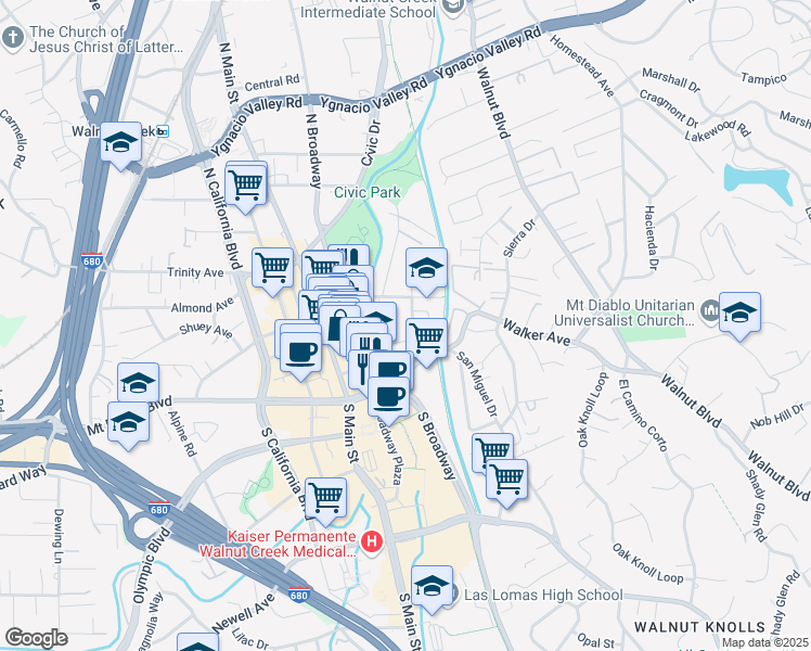 map of restaurants, bars, coffee shops, grocery stores, and more near 1315 Mount Pisgah Road in Walnut Creek