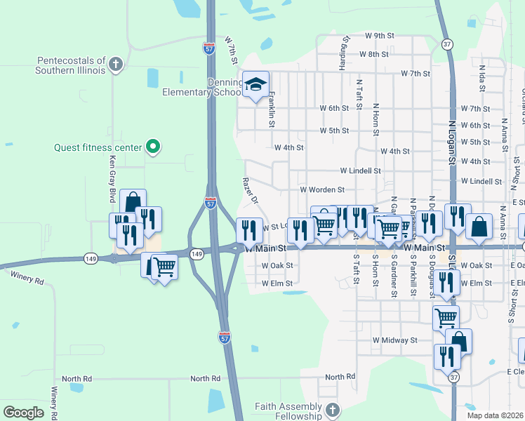 map of restaurants, bars, coffee shops, grocery stores, and more near 1401-1499 West Saint Louis Street in West Frankfort