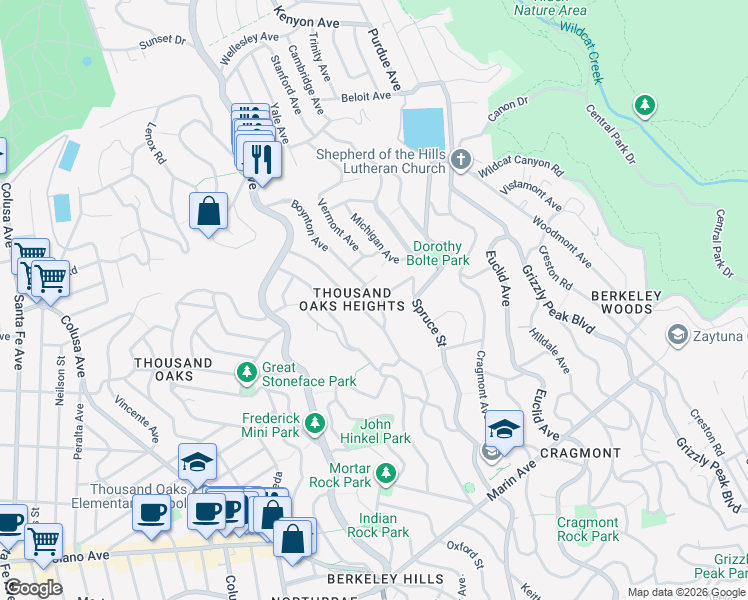 map of restaurants, bars, coffee shops, grocery stores, and more near 647 Santa Barbara Road in Berkeley