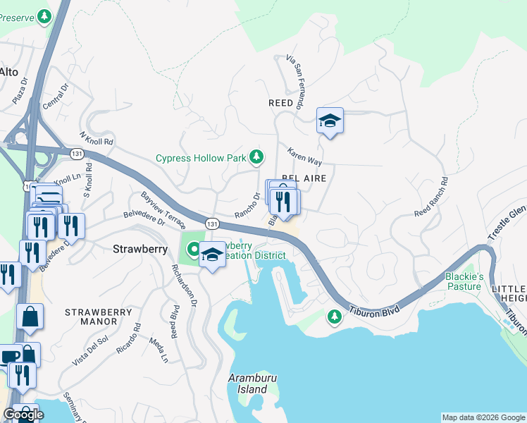 map of restaurants, bars, coffee shops, grocery stores, and more near 30 Pamela Court in Tiburon