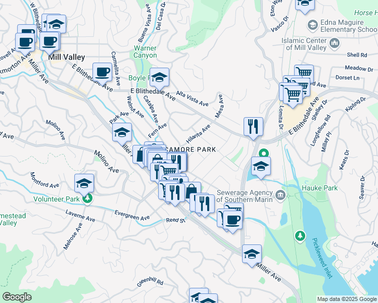 map of restaurants, bars, coffee shops, grocery stores, and more near 116 La Goma Street in Mill Valley