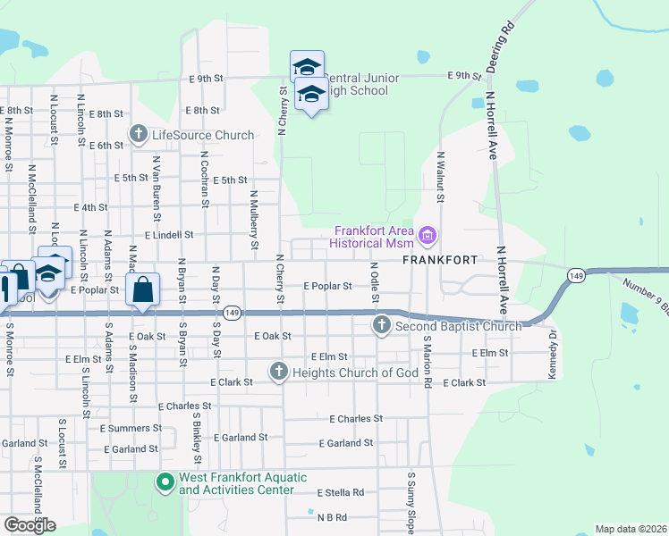 map of restaurants, bars, coffee shops, grocery stores, and more near 1710 East Poplar Street in West Frankfort