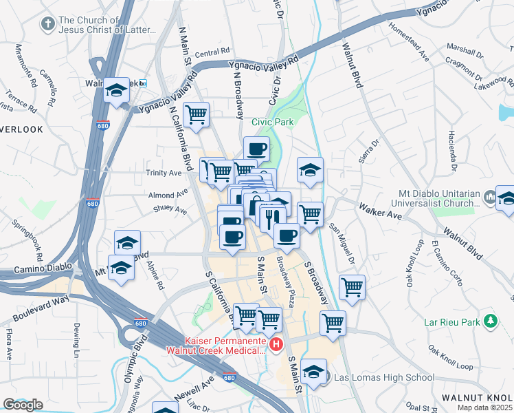 map of restaurants, bars, coffee shops, grocery stores, and more near 1365 North Broadway in Walnut Creek