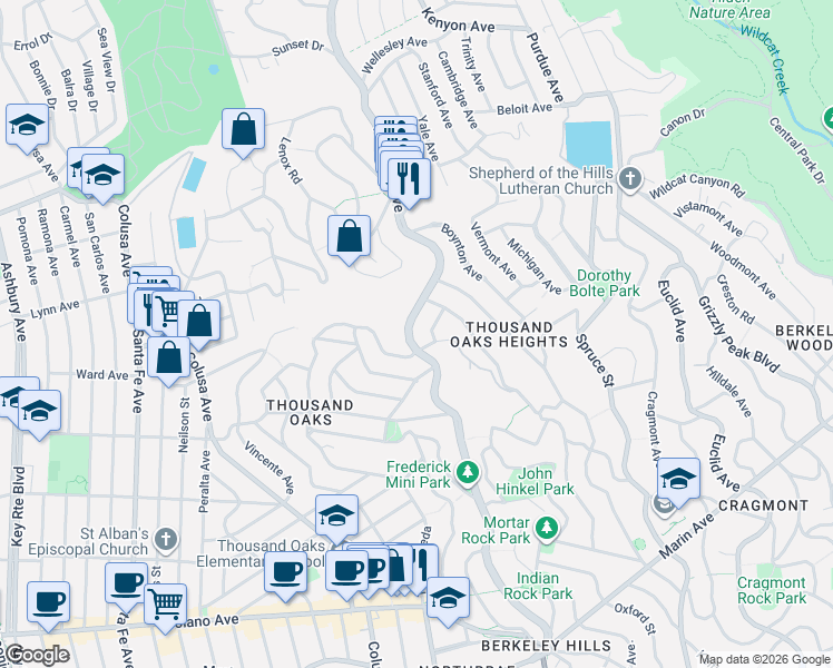 map of restaurants, bars, coffee shops, grocery stores, and more near 581 Arlington Avenue in Berkeley