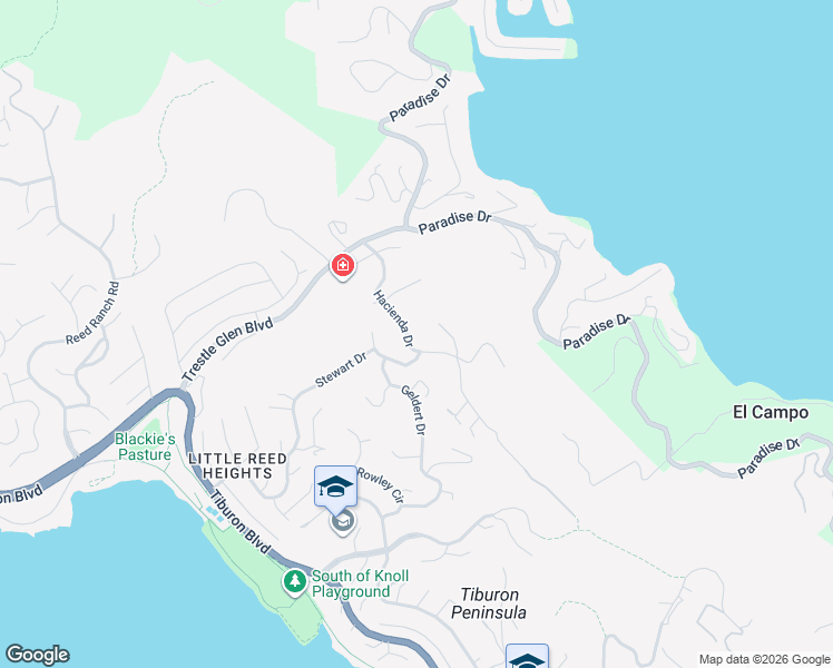 map of restaurants, bars, coffee shops, grocery stores, and more near 75 Hacienda Drive in Tiburon