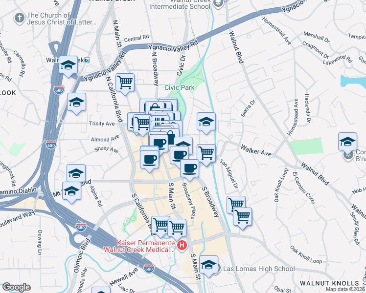 map of restaurants, bars, coffee shops, grocery stores, and more near 1489 Carmel Drive in Walnut Creek