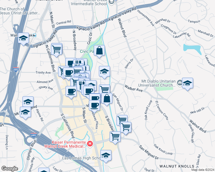 map of restaurants, bars, coffee shops, grocery stores, and more near 150 Village Court in Walnut Creek