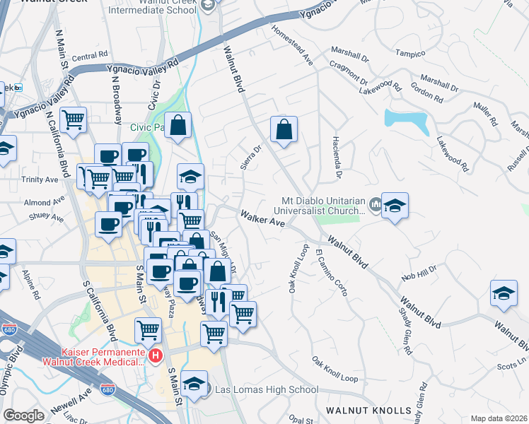 map of restaurants, bars, coffee shops, grocery stores, and more near 3 Tahoe Court in Walnut Creek