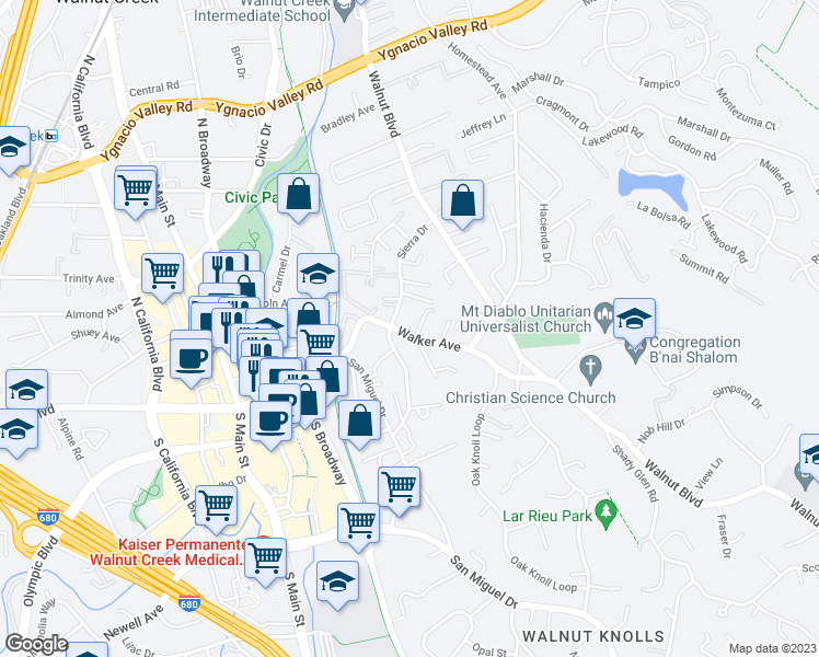 map of restaurants, bars, coffee shops, grocery stores, and more near 182 Sierra Drive in Walnut Creek