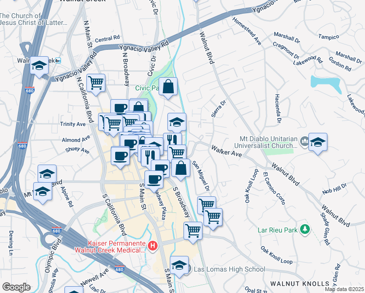 map of restaurants, bars, coffee shops, grocery stores, and more near 132 Village Court in Walnut Creek