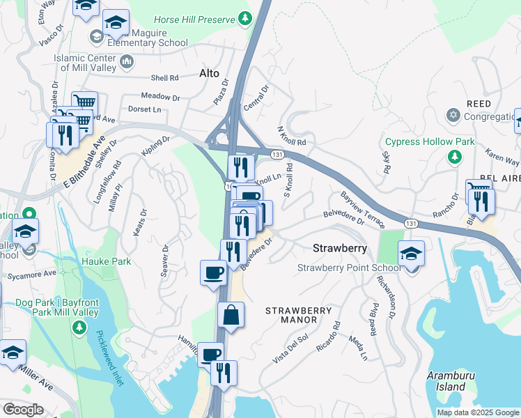 map of restaurants, bars, coffee shops, grocery stores, and more near 31 Reed Boulevard in Mill Valley