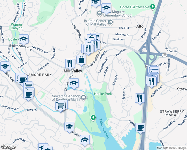 map of restaurants, bars, coffee shops, grocery stores, and more near 149 Shelley Drive in Mill Valley