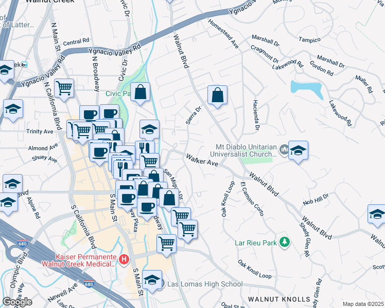 map of restaurants, bars, coffee shops, grocery stores, and more near 1220 Walker Avenue in Walnut Creek