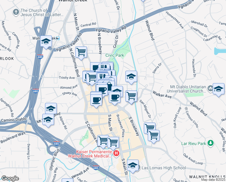 map of restaurants, bars, coffee shops, grocery stores, and more near 1615 Carmel Drive in Walnut Creek