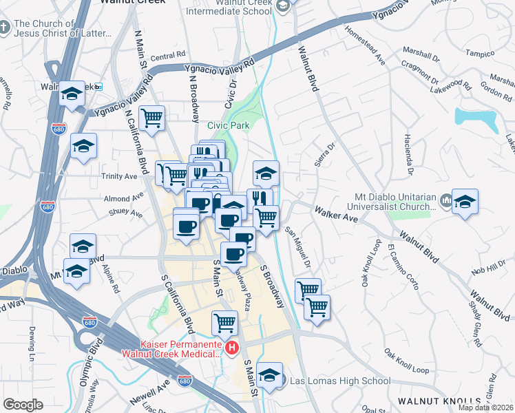 map of restaurants, bars, coffee shops, grocery stores, and more near 1365 Mt Pisgah Rd in Walnut Creek
