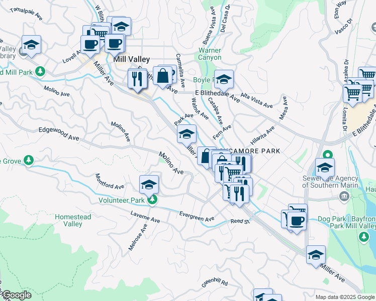 map of restaurants, bars, coffee shops, grocery stores, and more near 275 Miller Avenue in Mill Valley