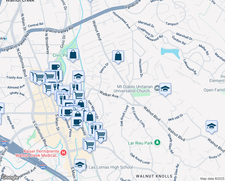 map of restaurants, bars, coffee shops, grocery stores, and more near 3 Tahoe Court in Walnut Creek