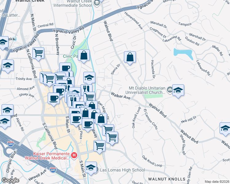 map of restaurants, bars, coffee shops, grocery stores, and more near 182 Sierra Drive in Walnut Creek