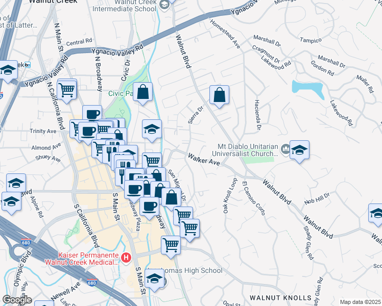 map of restaurants, bars, coffee shops, grocery stores, and more near 182 Sierra Drive in Walnut Creek