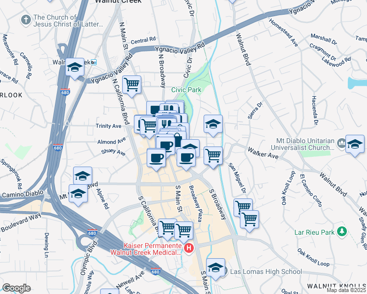 map of restaurants, bars, coffee shops, grocery stores, and more near 1615 Carmel Drive in Walnut Creek