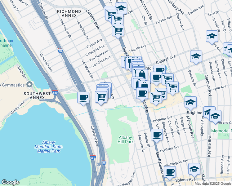 map of restaurants, bars, coffee shops, grocery stores, and more near 5812 San Diego Street in El Cerrito