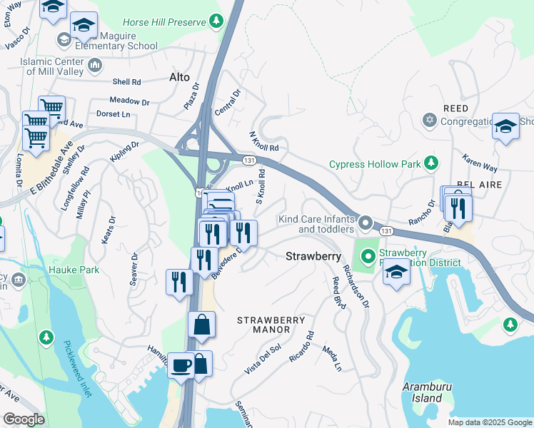 map of restaurants, bars, coffee shops, grocery stores, and more near 24 South Knoll Road in Mill Valley