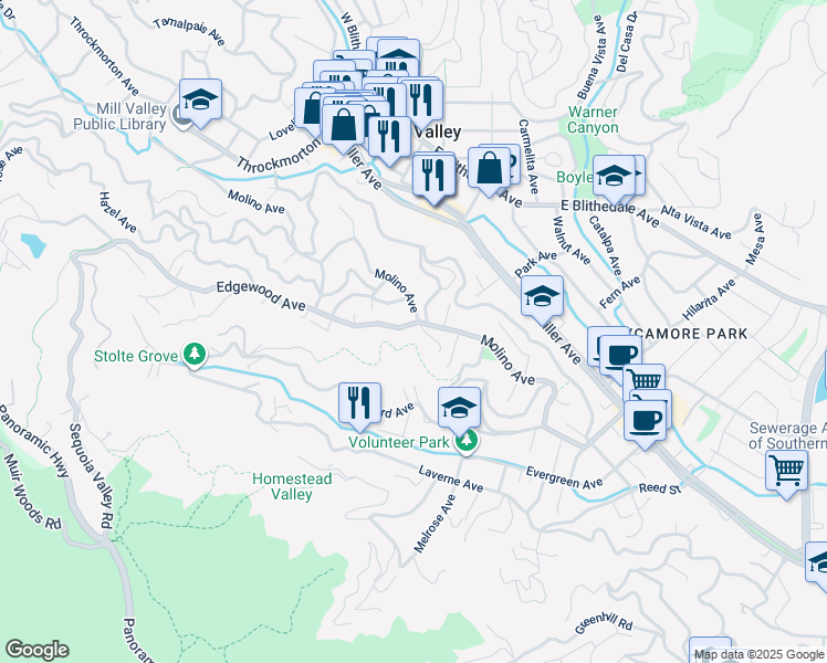map of restaurants, bars, coffee shops, grocery stores, and more near 18 Edgewood Avenue in Mill Valley