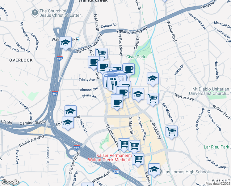 map of restaurants, bars, coffee shops, grocery stores, and more near 1548 Locust Street in Walnut Creek