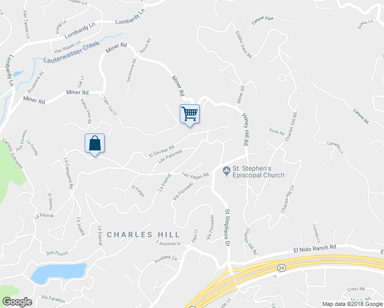 map of restaurants, bars, coffee shops, grocery stores, and more near Las Vegas Road in Orinda