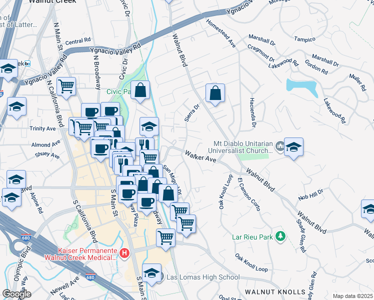 map of restaurants, bars, coffee shops, grocery stores, and more near 182 Sierra Drive in Walnut Creek