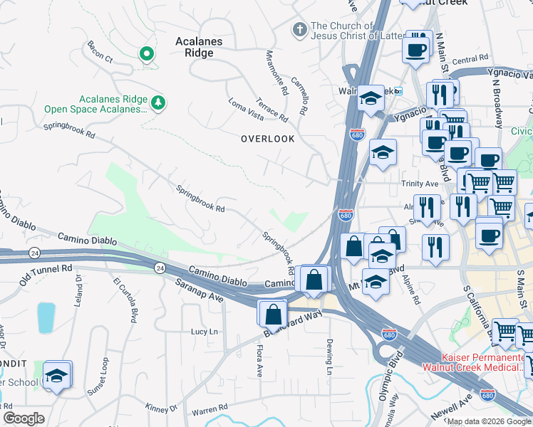 map of restaurants, bars, coffee shops, grocery stores, and more near 5 Rebecca Court in Walnut Creek