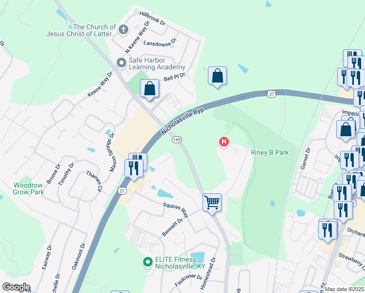 map of restaurants, bars, coffee shops, grocery stores, and more near Kentucky 169 in Nicholasville