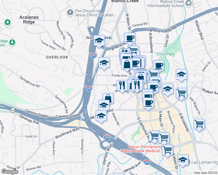 map of restaurants, bars, coffee shops, grocery stores, and more near 1538 Brooks Street in Walnut Creek
