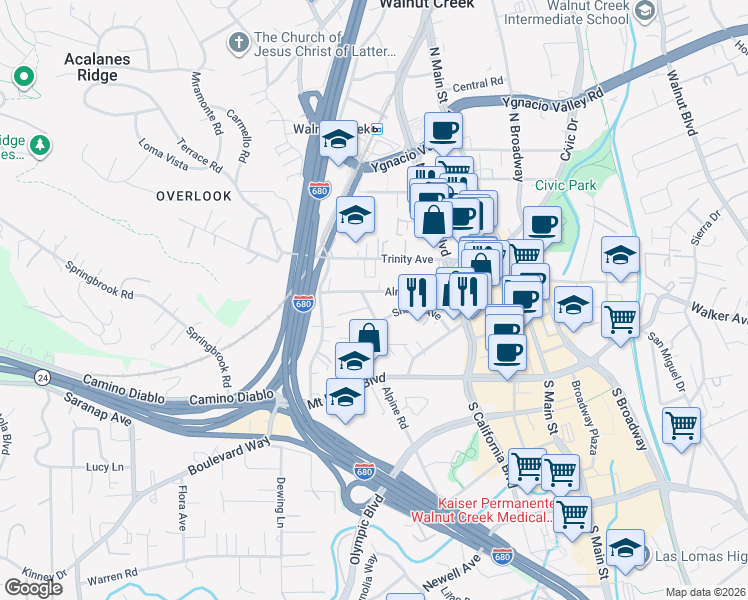 map of restaurants, bars, coffee shops, grocery stores, and more near 1538 Brooks Street in Walnut Creek