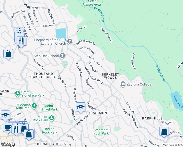 map of restaurants, bars, coffee shops, grocery stores, and more near 663 Grizzly Peak Boulevard in Berkeley