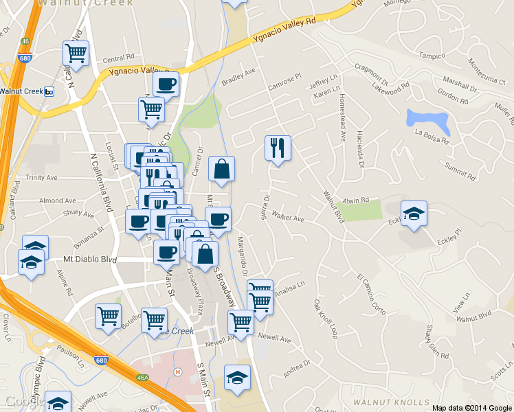 map of restaurants, bars, coffee shops, grocery stores, and more near 1240 Walker Avenue in Walnut Creek