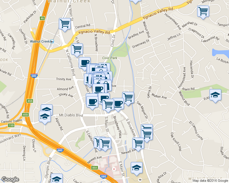 map of restaurants, bars, coffee shops, grocery stores, and more near 1615 Carmel Drive in Walnut Creek