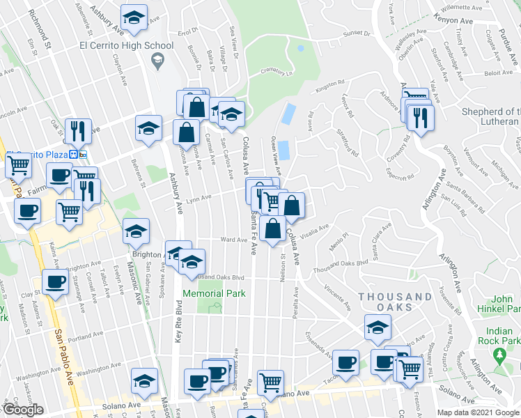 map of restaurants, bars, coffee shops, grocery stores, and more near 357 Colusa Avenue in Kensington