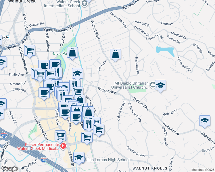 map of restaurants, bars, coffee shops, grocery stores, and more near 42 Tahoe Court in Walnut Creek