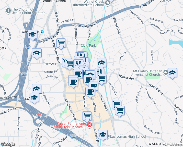 map of restaurants, bars, coffee shops, grocery stores, and more near 1510 Carmel Drive in Walnut Creek
