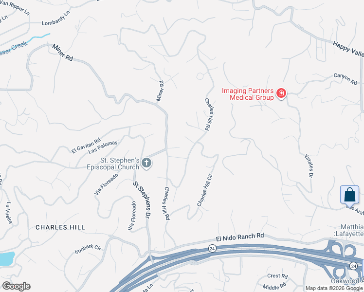 map of restaurants, bars, coffee shops, grocery stores, and more near 3 Honey Hill Court in Orinda